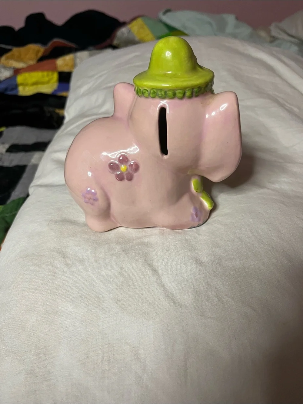 Pink Ceramic Elephant Bank with Lime Green Accents